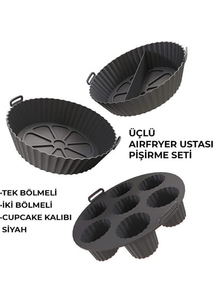 Güncelçarşı Airfryer Ustası 3'lü Pişirme Seti, Silikon Airfryer Pişirme Kağıdı, Bpa Içermez, Yapışmaz Kolay Temizlenir Muffin Cupcake, Iki Bölmeli Silikon Pişirme Kabı