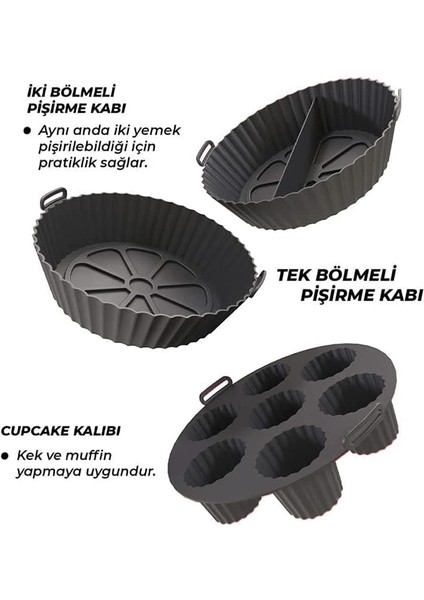 Güncelçarşı Airfryer Ustası 3'lü Pişirme Seti, Silikon Airfryer Pişirme Kağıdı, Bpa Içermez, Yapışmaz Kolay Temizlenir Muffin Cupcake, Iki Bölmeli Silikon Pişirme Kabı