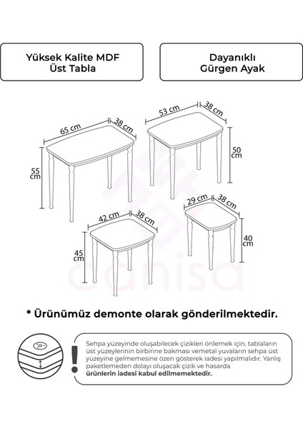 Tawe Serisi Mdf 1.sınıf 4lü Zigon Sehpa Takımı / Ceviz Renk Gürgen Ayaklar