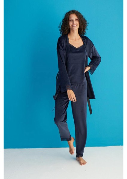 Kadın 13402-1 Dantelli Sabahlık Kadife Pijama Takım Lacivert modelleri