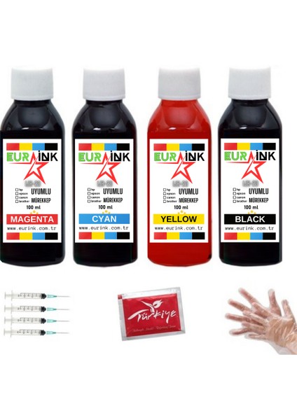 Epson T6641 - T6642 - T6643 - T6644 Uyumlu Mürekkep 100 ml x 4 Siyah ve Renkli Dolum Seti