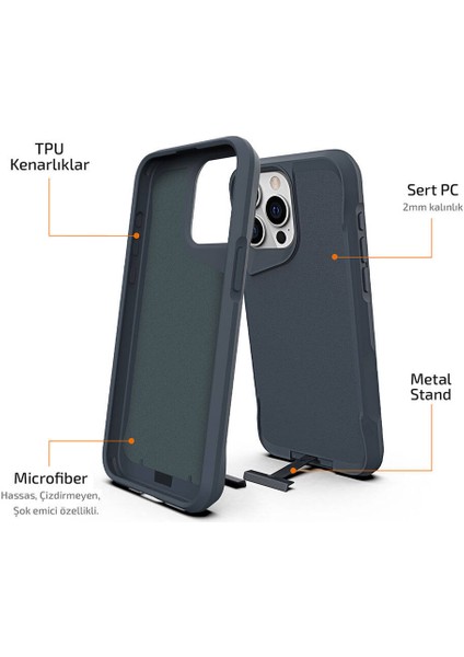 Apple iPhone 15 Pro Kılıf Airbag Kenarlı T-Max Mat Standlı Kapak Gri modelleri