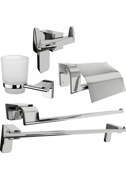 Krom Lux 5'li Banyo Seti Kapaklı Wc Kağıtlık, Bornozluk, Uzun Havluluk, Solo Havluluk, Diş Fırçalık