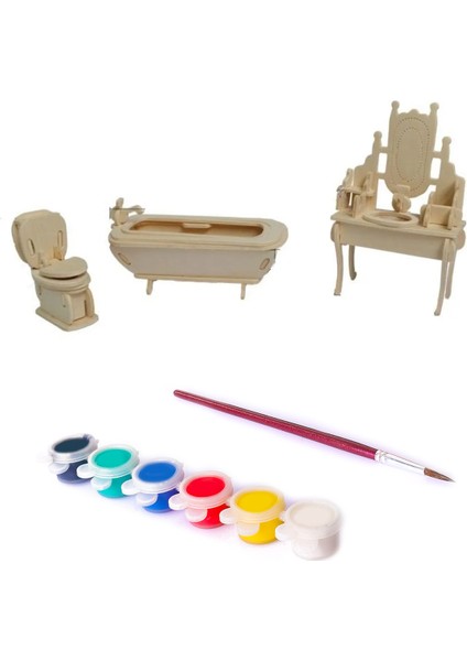 3D Kendin Yap Ahşap Puzzle Banyo Seti Maket Çocuk Aktivite Boya ve Fırça Hobi Seti Yapboz Oyuncak