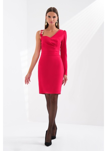 Kadın Tek Kol Tek Omuz Saten Kısa Fuşya Elbise EXP57255-FUŞYA