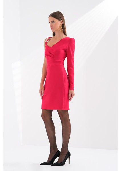 Kadın Tek Kol Tek Omuz Saten Kısa Fuşya Elbise EXP57255-FUŞYA fiyatları