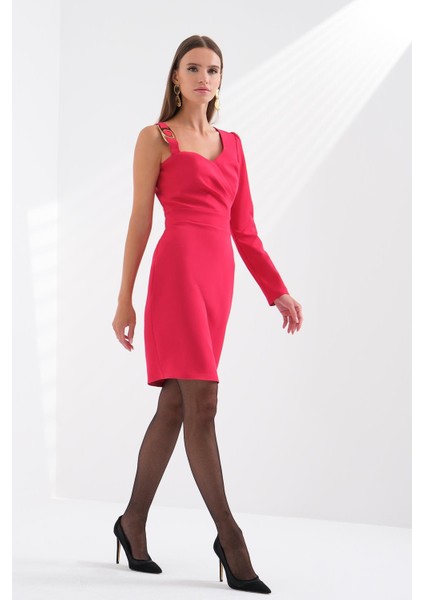 Kadın Tek Kol Tek Omuz Saten Kısa Fuşya Elbise EXP57255-FUŞYA modelleri