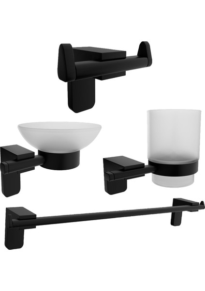 Siyah Lux 4'lü Banyo Seti Uzun Havluluk, Diş Fırçalık, Sabunluk, Bornozluk