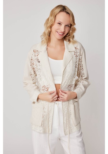 Önü Bağlamalı Çiçek Desenli Transparan Ceket