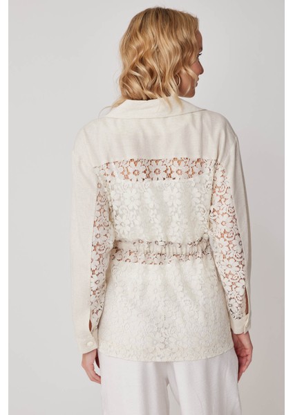 Önü Bağlamalı Çiçek Desenli Transparan Ceket