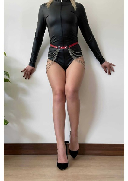 Mlvx Zincirli Kırmızı Deri Bel Kemeri Blsm