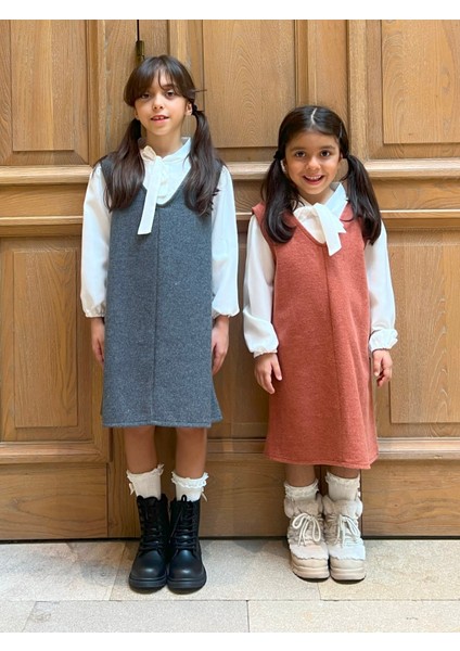 Küçüğüm Butik Somon Kaşe Kız Çocuk Kışlık V Yaka Jile Elbise modelleri