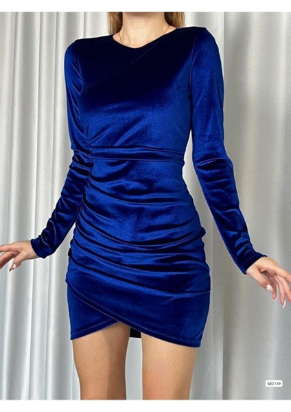 Kadın Saks Mavi Kadife Asimetrik Kesim Mini Elbise 14C-2175