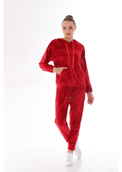 Kadın Kırmızı Renk Soft Kadife Eşofman Takım