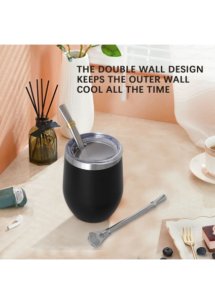 Ξ Ny Ue Zhang Yerba Mate Çay Bardağı Seti 12OZ, Çift Duvar Paslanmaz Kahve Su Kapaklı Bardak 2 Bombillas Pipet Kaşık ve Fırça, Siyah (Yurt Dışından)