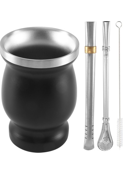 Ξ Ny Ue Zhang Çift Duvar Paslanmaz Yerba Mate Çay Bardağı Seti Kahve Su Bardağı 2 Bombillas Pipet Kaşık ve Temiz Fırça 8 Oz Siyah (Yurt Dışından)