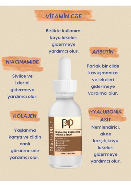 C vitamini, Arbutin, Hyaluronik asit, Niacinamide, E vitamini Cilt Serumu