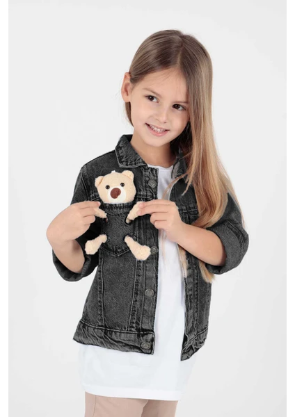 Ahenk Kids Kız Çocuk Ayıcıklı Pamuklu Jean Ceket Günlük Modaya Uygun AK22176023