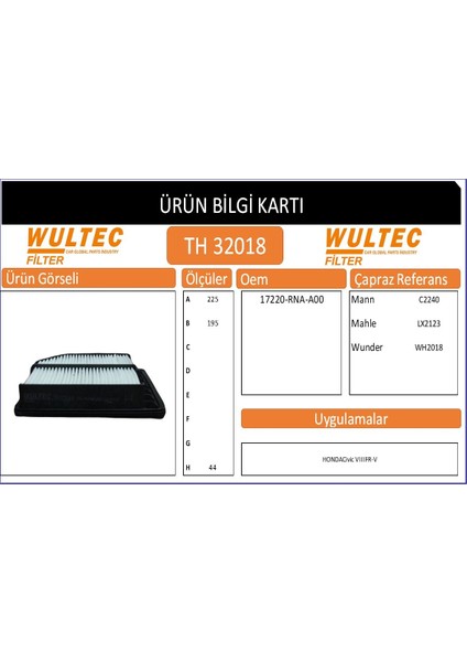 TH 32018 Hava Fıltresı(Honda Cıvıc Vıı -Vııı 1.8 Uyumlu Hava Filtresi