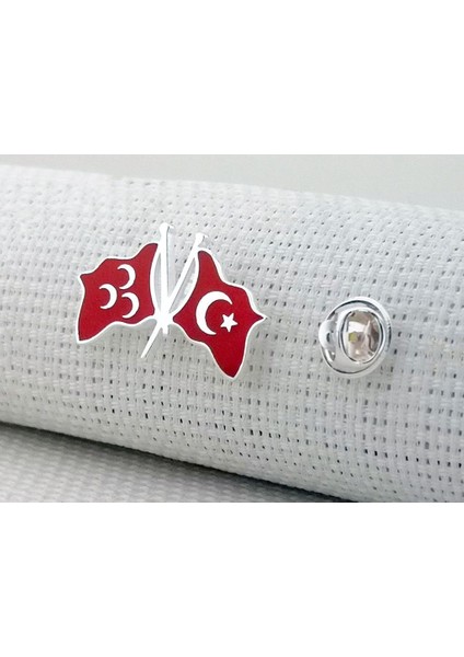 Türk Bayrağı ve Üç Hilal Tasarımlı 925 Ayar Gümüş Rozet Yaka Iğnesi