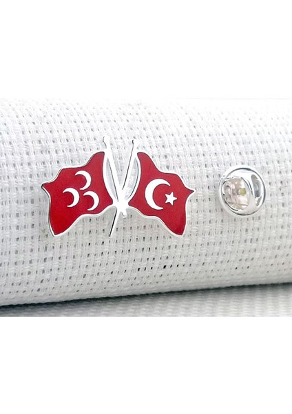 Türk Bayrağı ve Üç Hilal Tasarımlı 925 Ayar Gümüş Rozet Yaka Iğnesi