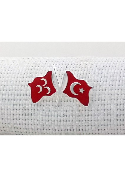 Türk Bayrağı ve Üç Hilal Tasarımlı 925 Ayar Gümüş Rozet Yaka Iğnesi