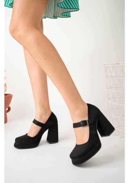 Dolgu Topuk Platform Siyah Süet Kadın Ayakkabı