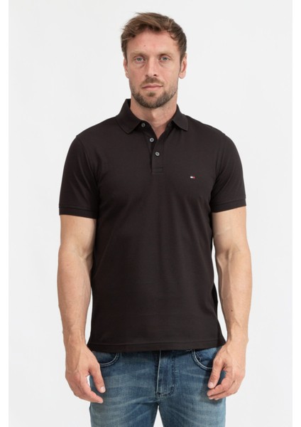 Erkek Pamuklu Polo Yakalı Düğme Kapamalı Kısa Kollu Siyah Polo Yaka T-Shirt Mw0Mw17771-Bds