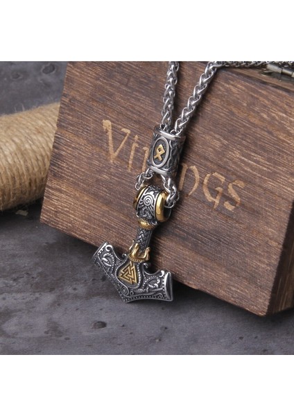 Thor Mjollnir Othila Aksesuarlı Örgü Zincir Erkek 316L Çelik Kolye