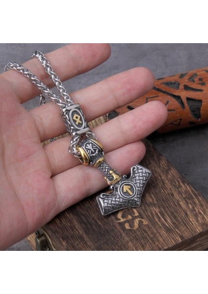 Thor Mjollnir Othila Aksesuarlı Örgü Zincir Erkek 316L Çelik Kolye indirimleri