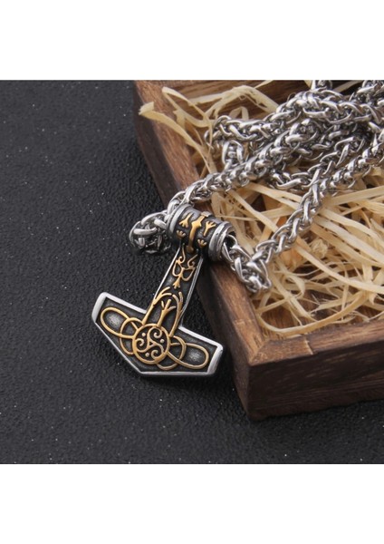 Thor Mjollnir Hammer Butik Triquetra Işlemeli Erkek 316L Çelik Kolye