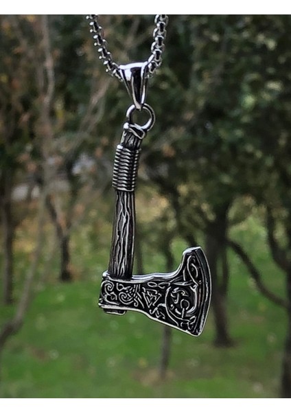Iskandinav Desenli Valknut Işleme Balta Savaşçı Paslanmaz & Kararmaz 316L Çelik Erkek Kolye