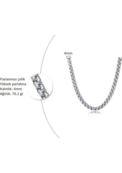 Kare Model Box Chain Kalın 316L Çelik Erkek Zincir Kolye 4mm - Kalın