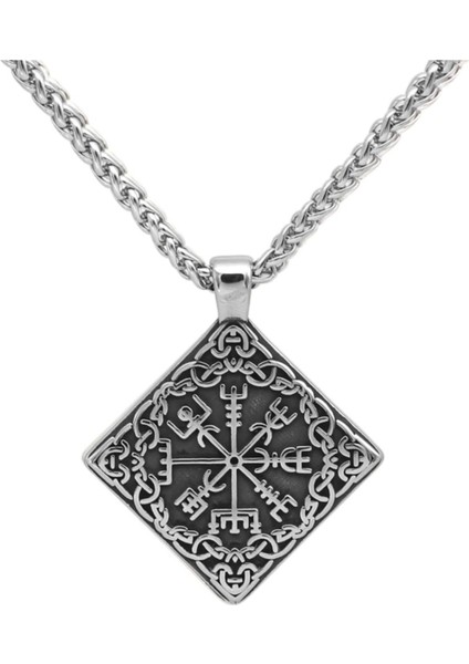 Iskandinav Nordik Motifli Vegvisir Işlemeli Kare 316L Çelik Çift Taraflı Erkek Kolye