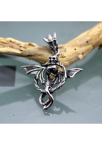 Gotik Dragon Ejder & Kurukafa Tasarım Siyah Zirkon Taş Paslanmaz & Kararmaz 316L Çelik Unisex Kolye
