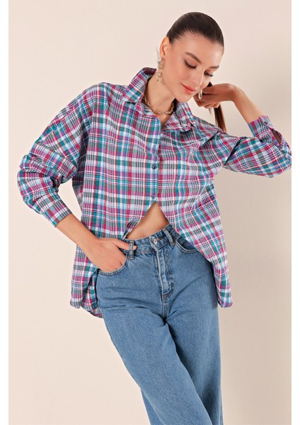 Kadın Oversize Gömlek Ekose-Kareli Günlük Tarz %70 Pamuk %30 Polyester indirimleri