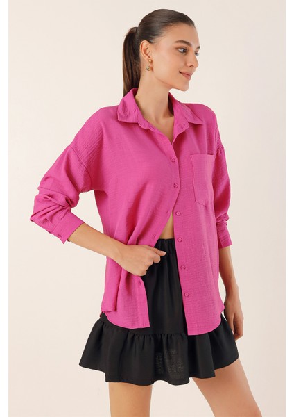 20153 Tek Cepli Oversize Gömlek - Fuşya modelleri