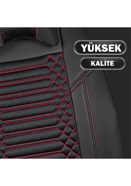 Hyundai Getz Uyumlu Deri Oto Koltuk Kılıfı Ön/Arka 5li Set Live Seri Siyah-Kırmızı