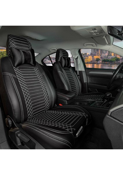 Ford Focus 4 Uyumlu Deri Oto Koltuk Kılıfı Ön/Arka 5li Set Live Seri Siyah-Beyaz