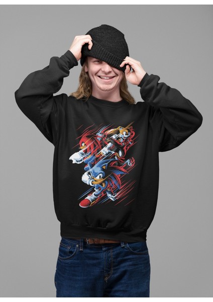 Kirpi Sonic Baskılı Kapüşonsuz Sweatshirt, Unisex Oversize Sonic Baskılı Sweatshirt