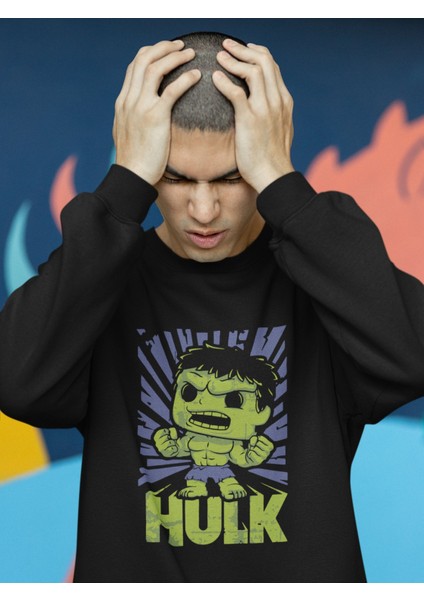 Minyatür Hulk Baskılı Kapüşonsuz Sweatshirt, Unisex Oversize Marvel Hulk Baskılı Sweatshirt