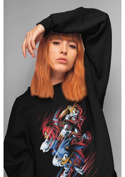Kirpi Sonic Baskılı Kapüşonsuz Sweatshirt, Unisex Oversize Sonic Baskılı Sweatshirt