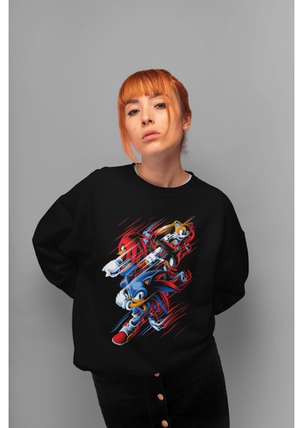 Kirpi Sonic Baskılı Kapüşonsuz Sweatshirt, Unisex Oversize Sonic Baskılı Sweatshirt modelleri