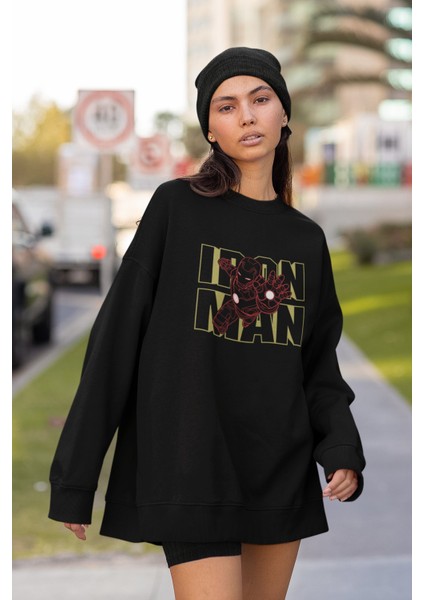 Ironman Baskılı Kapüşonsuz Sweatshirt, Unisex Oversize Ironman Yazılı Sweatshirt