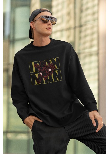 Ironman Baskılı Kapüşonsuz Sweatshirt, Unisex Oversize Ironman Yazılı Sweatshirt