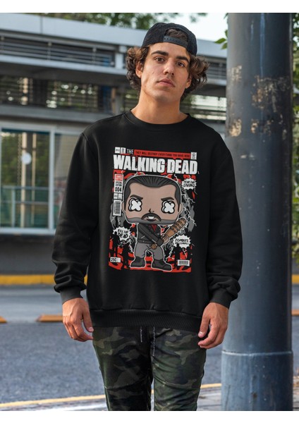 Fuddy Moda Minyatür Walking Dead Baskılı Kapüşonsuz Sweatshirt, Unisex Oversize Walking Dead Baskılı Sweatshirt