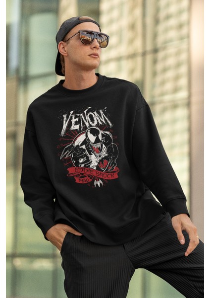 Venom Baskılı Kapüşonsuz Sweatshirt, Unisex Oversize Marvel Venom Baskılı Sweatshirt