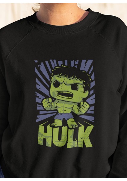 Minyatür Hulk Baskılı Kapüşonsuz Sweatshirt, Unisex Oversize Marvel Hulk Baskılı Sweatshirt