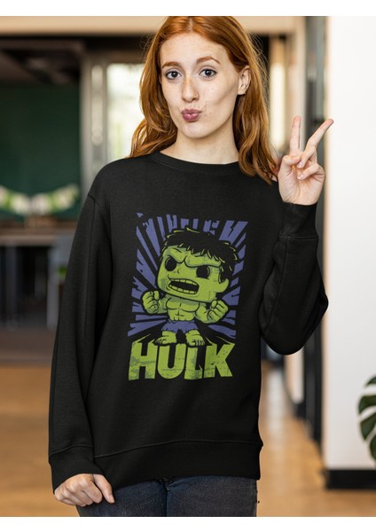 Minyatür Hulk Baskılı Kapüşonsuz Sweatshirt, Unisex Oversize Marvel Hulk Baskılı Sweatshirt