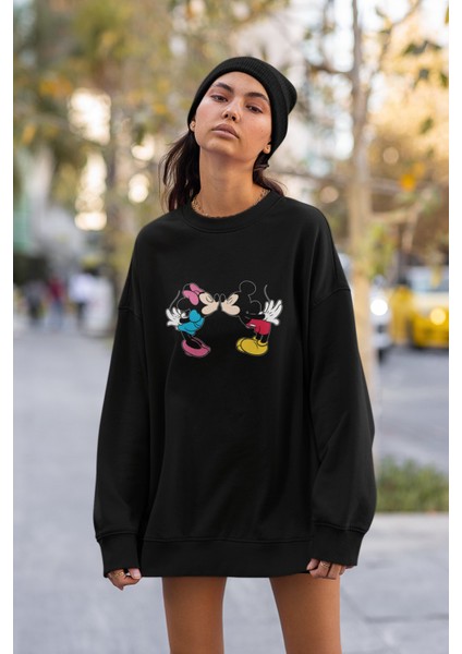 Mickey ve Minnie Mouse Baskılı Kapüşonsuz Sweatshirt,unisex Oversize Çiftler Için Couple Sweatshirt
